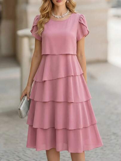 Miaspire Women's Solid Color Round Neck Petal Short Sleeve Layered Ruffle Hem Fashionable Dress Vacation Outfit For Women Spring Sunmmer