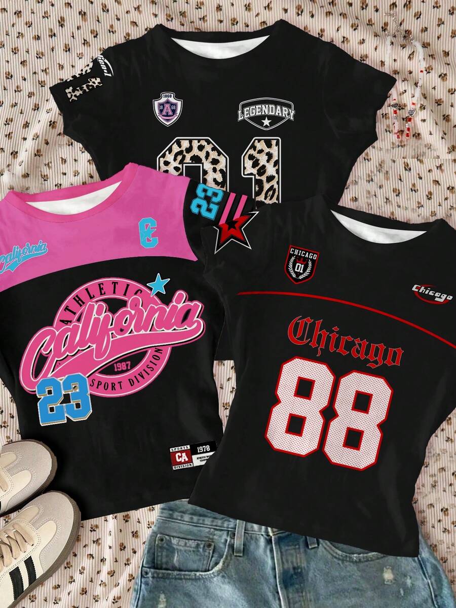 3件套休闲修身圆领短袖T恤,黑粉撞色,英文文字及数字图案印花,街头运动风,舒适百搭,秋季叠穿,时尚休闲,运动数字印花T恤,返校季必备,球衣号码,撞色T恤 - 白色 - 查看 1