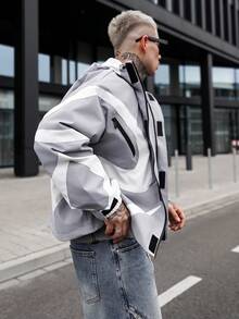 Artur Kramer Contrast Color Patchwork Design Men's Hooded Long Sleeve Jacket, Light Windbreaker Y2k Techwear Jacket - Grey - View 3