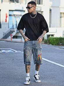 Devon Thys 男士针织时尚休闲日常超大数字刺绣短袖 T 恤，夏季、学校、秋季 - 黑色 - 查看 6