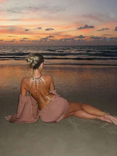 Opulessa Spring & Summer Vacation Beach  Wedding Party Graduation Women's Fashionable Sexy Sequin Chain Decor Cold-Shoulder Backless Flare Sleeve Mini Dress