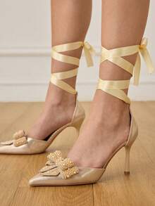 CUCCOO HITCHD Women Stylish Elegant Commuter Rhinestones Pearl Bows Decorated Pointed Pumps - Gold - View 11