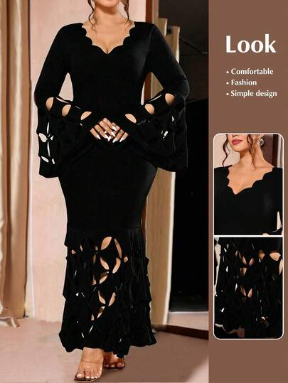 Cravure Plus Size Women V-Neck Hollow Out Elegant Waist Cinched Party Dress