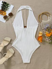 GlowEve Women's White Textured Knit Elegant Backless Circular Ring Bodysuit White Bathing Suit Vacation Outfit White One Piece Swimsuit White One Piece White Beach Outfit For Women - White - View 2