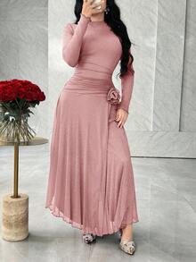 Feyla Long Sleeve Front Slit 3D Floral Elegant Versatile Party Dress - Pink - View 3