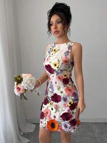 Chiquease 女士圆领无袖优雅碎花修身迷你裙 - 杏色 - 查看 5