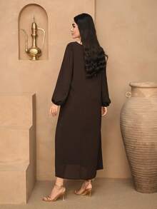 DAZY 亮片装饰褶皱花瓣袖直筒连衣裙，棕色，时尚休闲中长连衣裙，适合婚礼派对、春夏穿着 - 棕色 - 查看 6