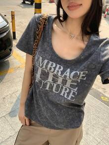 DAZY Women's Slogan Print Round Neck Loose Casual Short Sleeve T-Shirt Summer - Grey - View 3