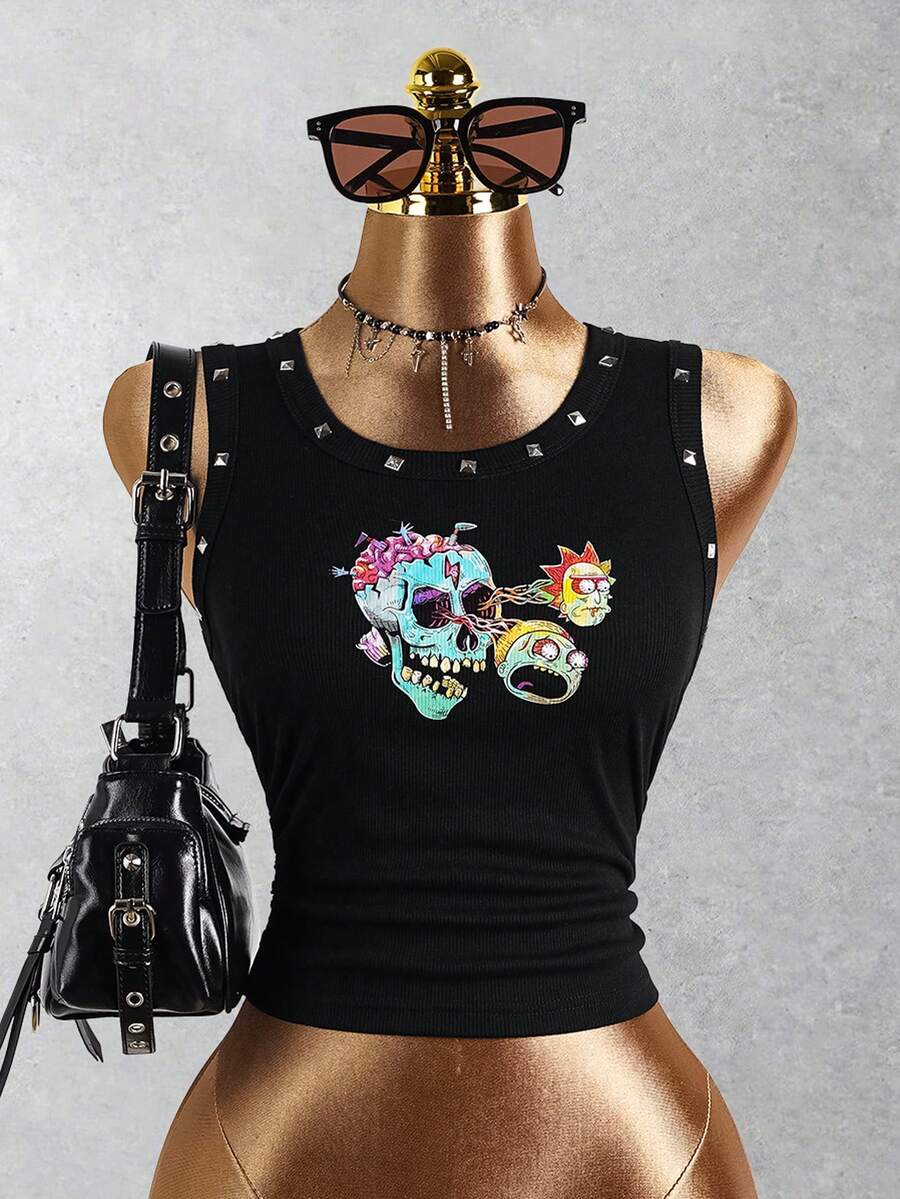 Rick and Morty X SHEIN Áo tank top ngắn tay nữ kiểu dáng thường ngày in hình đầu lâu và đính đinh tán, thích hợp cho mùa hè. - màu đen - Xem 1