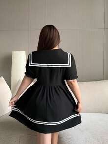 Vibekara Plus Size Navy Collar Short Sleeve Casual Dress, College & Resort Style, Spring/Summer - Black - View 2