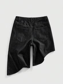 ROMWE MEN Casual 男士时尚不对称下摆牛仔短裤，夏季必备 - 藍色 - 查看 2