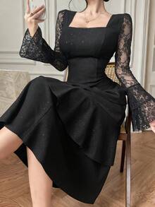 DAZY 女士优雅蕾丝拼接方领荷叶边喇叭袖不对称中长连衣裙，春夏款 - 黑色 - 查看 6