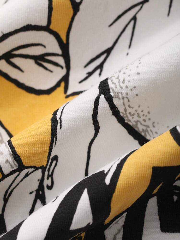 Women's Letter & Plant Pattern Round Neck Dropped Shoulder Casual Loose T-Shirt