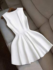 Franclia Minimalist Commuter Criss-Cross V-Neck Wide Strap Faux Button Waist Fitted Elegant Versatile Casual Vacation Dress For Women - White - View 2