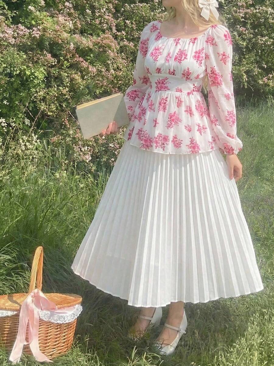 SHEIN 1pc Ditsy Floral Loose Collar Long Sleeve A-Line Hem Casual Blouse For Teenage Girls, Spring/Summer - Pink - View 1
