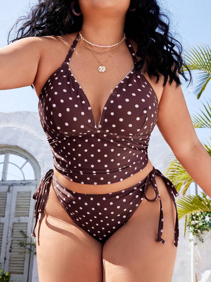 Swim Mod Women's Polka Dot Print Sweet Beach Halter Neck Bikini Set, Plus Size, Spring/Summer - Multicolor - View 1