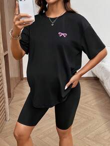 SHEIN Maternity Casual Bow Print T-Shirt And Shorts 2 Pieces Set, Summer - Black - View 3
