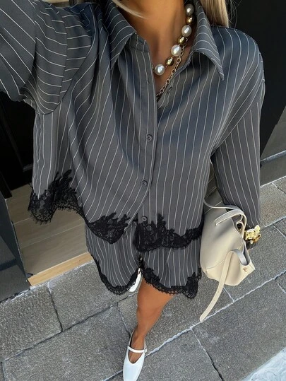 Siren Gaze Gri Çizgili Kısa Gömlek ve Şort Takımı, Siyah Dantel Dekorlu Kadın 2 Parça Şort Takımı Gömlek Takımı