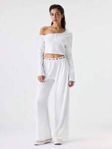 Loungeista Lowkey Lull White Comfortable Casual Soft Chic Autumn Casual Easy Comfort Autumn Slumber Long Sleeve Long Pants Set, Women Sleepwear Setfor Summer - White - View 3