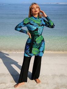 SHEIN Swim Mulvari 女士春夏新款布基尼两件套，含腰带，时尚端庄显瘦大叶绿色印花休闲中东度假风长袖长裤布基尼套装 - 彩色 - 查看 1