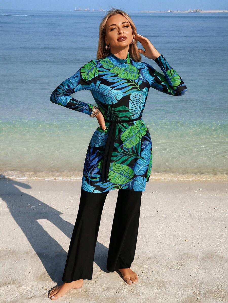 SHEIN Swim Mulvari 女士春夏新款布基尼两件套，含腰带，时尚端庄显瘦大叶绿色印花休闲中东度假风长袖长裤布基尼套装 - 彩色 - 查看 1