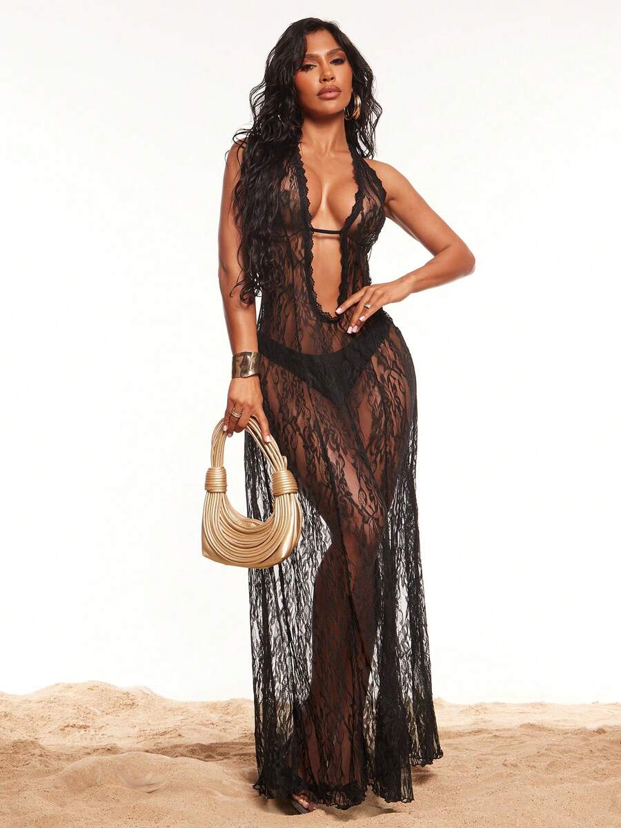 Radiana Đầm maxi ren xuyên thấu màu đen ôm sát, thanh lịch, lãng mạn, gợi cảm dành cho nữ, đầm xòe bồng bềnh, đầm lưới xuyên thấu màu đen, đầm ren, đầm cổ khoét sâu, đầm hở lưng gợi cảm, đầm che bikini đi biển, đầm đi nghỉ mát, đầm hẹn hò, đầm đi biển, thích hợp cho kỳ nghỉ trên đảo, bờ biển, bãi biển, hẹn hò, buổi tối, tiệc tùng, tiệc cocktail, hộp đêm, trang phục đi nghỉ mát. - màu đen - Xem 1