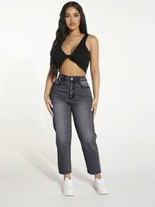 SHEIN PETITE Jeans casuales de tiro alto y corte entallado - Negro - Ver 4