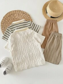 SHEIN 4件套儿童男童可爱夏季休闲条纹短袖polo衫和短裤套装，适合生日派对、锐舞派对、晚宴、演出、婚礼、婚礼宾客、婴儿派对、洗礼等场合穿着 - 彩色 - 查看 2