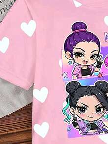 1pc Young Girl Cute Style Pink Top With Allover Heart Print,Loose Fit,Suitable For Summer,School,Great Valentine's Day Gift For Girls,Tops - Baby Blue - View 5