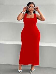 Maweii Plus Size Casual Square Neck Cinched Waist Fitted Bodycon Dress - Red - View 3