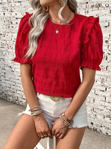 SHEIN Holidaya Casual Vacation Spring/Summer Basic Round Neck Keyhole Button Design Puff Sleeve Shoulder Line Sleeve Cuff Ruffle Pleated Workmanship Sweet Commuting Spring Style Women Blouse - Red - View 1