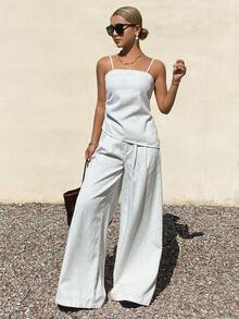 DAZY 女士条纹吊带背心和宽松褶皱阔腿裤度假风牛仔套装 - 白色 - 查看 3