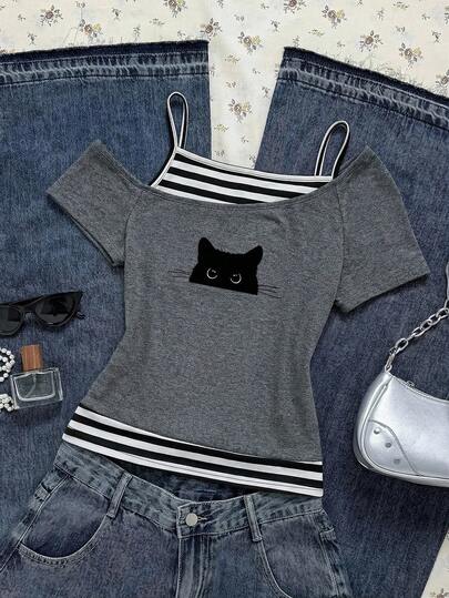 Attitoon Casual Retro Cat Head Graphic Contrast Striped Short Sleeve T-Shirt, Suitable For Spring & Summer, Cotton Blend