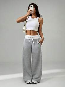 SHEIN PETITE Comfortable And Casual Plain Knitted Low-Rise Wide-Leg Women's Sweatpants - Grey - View 6