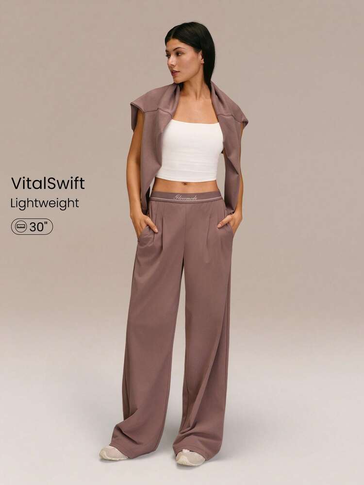 Chill Mode Quick-Dry Jacquard Elastic Waist Wide Leg Pants With Side Pockets Daily Casual Wear