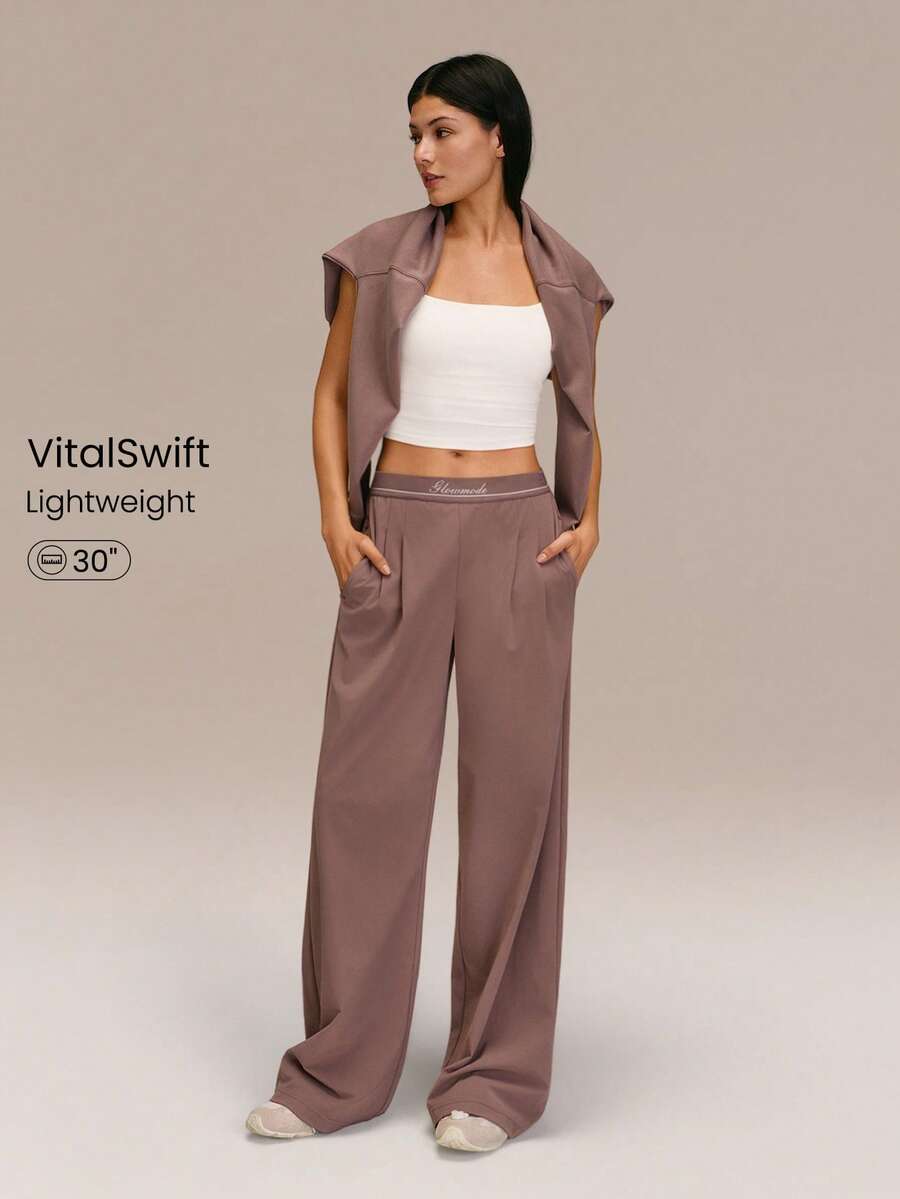 GLOWMODE Pantalones de pierna ancha con cintura elástica y bolsillos laterales, de secado rápido y estampado jacquard, para uso casual diario - Marrón Mocha - Ver 1