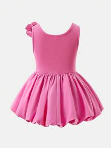 SHEIN 女童针织圆领花卉拼接无袖休闲中长连衣裙 - 粉色 - 查看 2