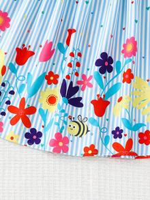 SHEIN Young Girl Woven Striped & Ditsy Floral Square Collar Ruffle Hem Casual Dress - Blue and White - View 3