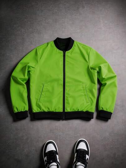 Manfinity Homme Men's Contrast Color Casual Long Sleeve Jacket Neon Green Jacket Men Men Summer Jacket