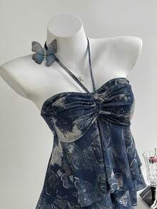 Chiquease Áo ống không dây in họa tiết thời trang nữ - Màu xanh lam - Xem 4