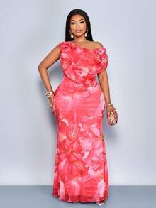 SOLERSUN Damen Mode Große Größen Off-Shoulder Frühling und Sommer Elegantes, sexy Lässig Urlaubs Langes Kleid Ärmellos Brust Patchwork Raffung Schlankheitseffekt Taille Tasche Hüfte Saum Kleid - Rot - Übersicht 5