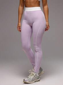 Musera Sport Contrast White Seam Waistband High Waist Active Leggings Only Sport Workout Gym Pilates Fitness Daily Girly Casual Hot Sweat - Purple - View 3