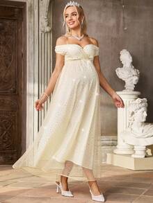 SHEIN Đầm lưới sang trọng hở vai đính sequin dành cho bà bầu - Màu be - Xem 4