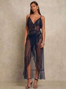 Glamine 女士优雅性感网纱波点吊带荷叶边薄纱连衣裙 - 藏蓝色 - 查看 4