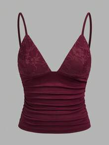SHEIN EZwear 3件套女士吊带背心，蕾丝拼接，褶皱腰身，夏季女士吊带背心，沙滩装，外出装 - 彩色 - 查看 5