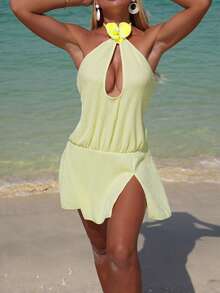 Swim Chiccia Spring/Summer Beachwear Pale Yellow Textured Fabric Sexy Halter Hollow Out Dress, Vacation Casual Cover Up - Light Yellow - View 4