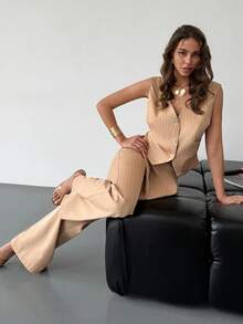 RiviMae Islalun Women's Striped Suit Vest With Waist Cinching, Sleeveless Flared Leg Pants Set - Apricot - View 5