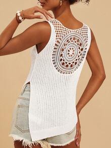 Travachic Nuevo Llegada Primavera/Verano 2026, Chaleco de punto asimétrico sin mangas con diseño calado para mujer, ideal para vacaciones - Blanco - Ver 3