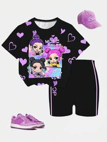 2件套少女休闲韩流卡通女孩爱心印花短袖卫衣和配套短裤套装，适合日常和假日休闲穿着，舒适保暖。 - 粉色 - 查看 4