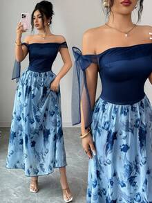 Modelyn 女士法式优雅露肩印花中长连衣裙，春夏款 - 藍色 - 查看 9